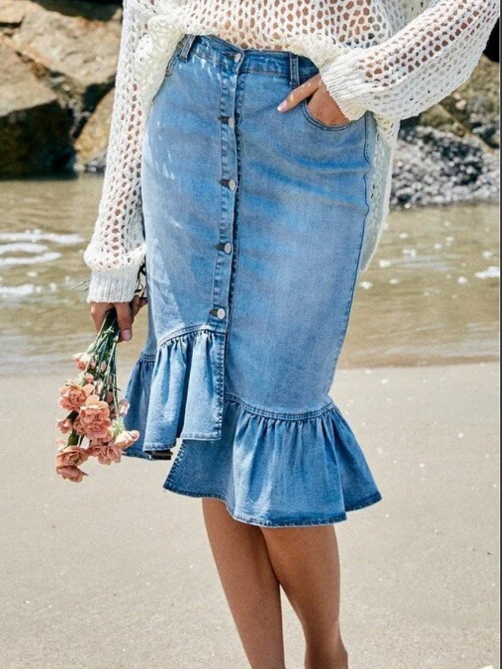 Denim Button-Front Ruffle Hem Skirt, Large - Picture 6 of 6